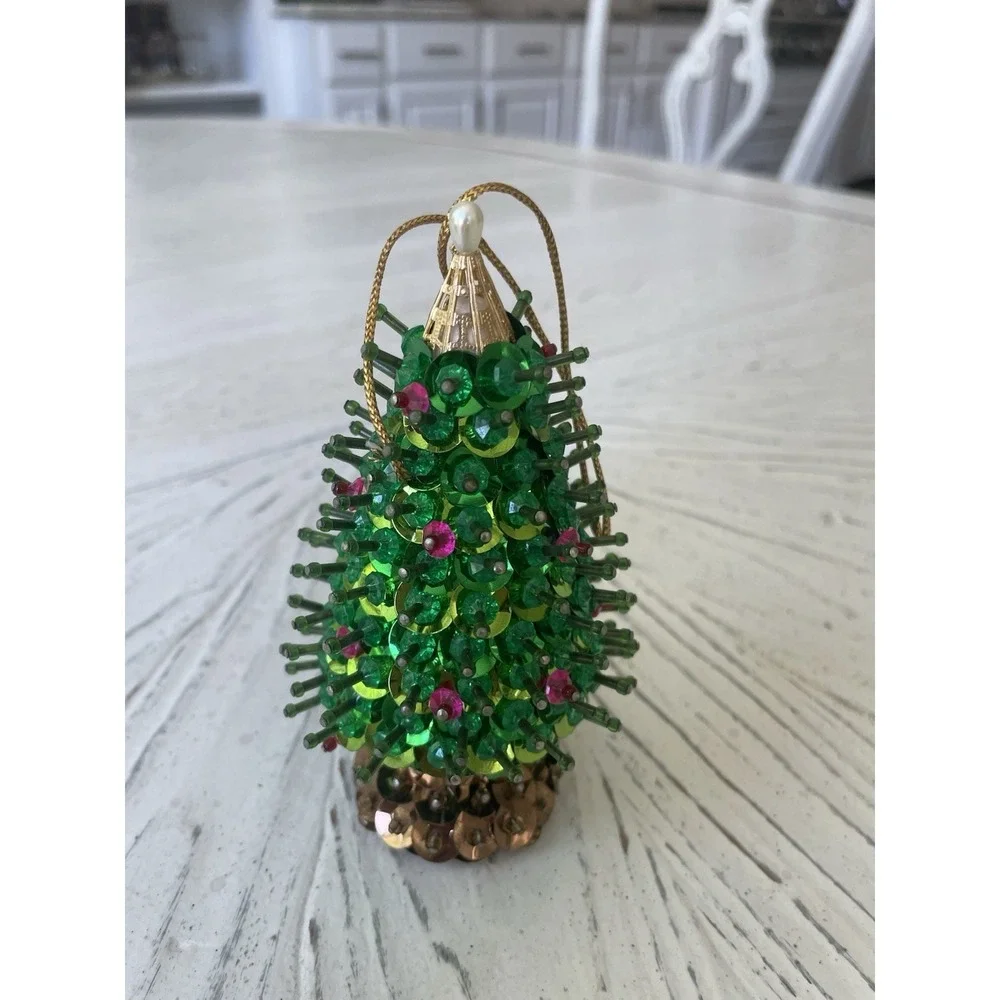Vtg Holiday Handmade Beaded Sequined Christmas Ornaments Set  4 Tree Bells Ball
